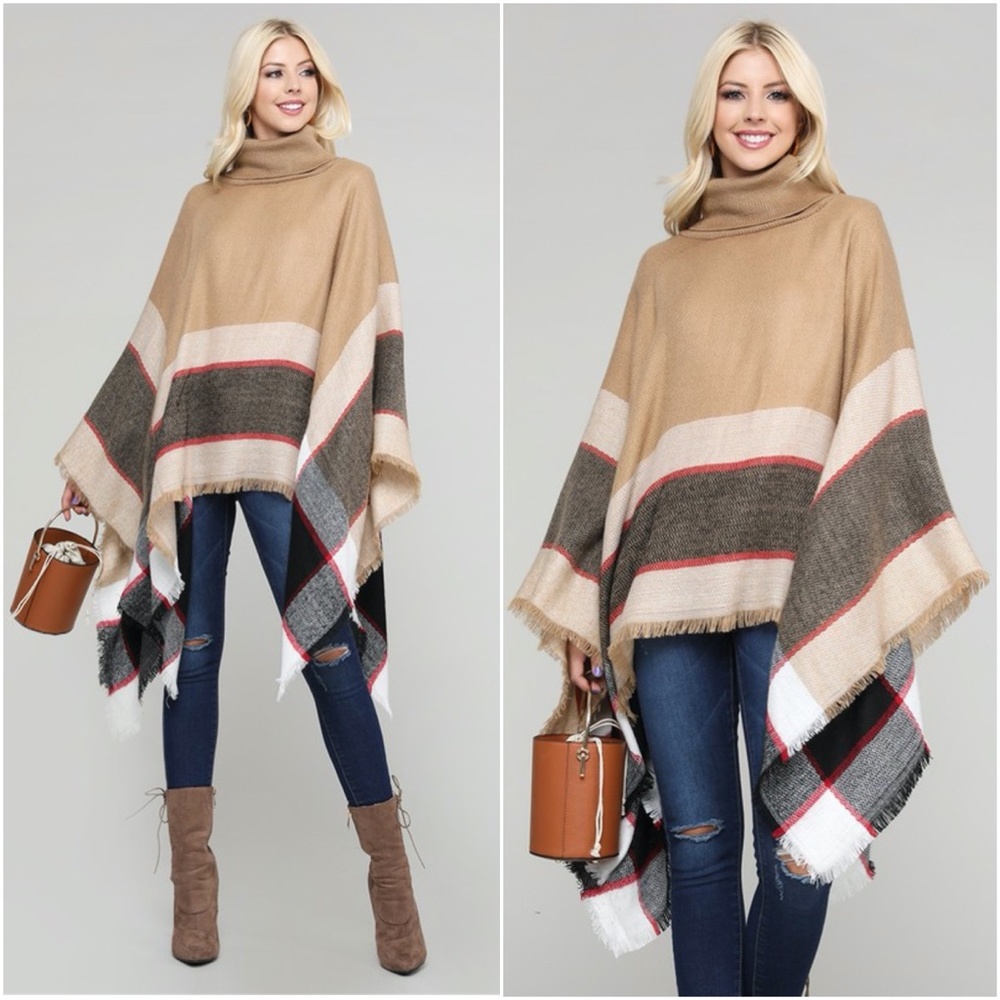 030 Cozy plaid Turtleneck frayed hem Poncho - Picture 3 of 9